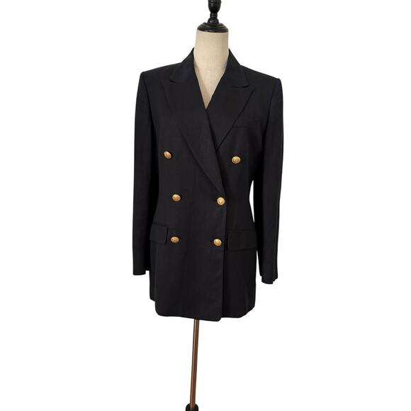Vtg 80s Liz Claiborne Blazer Double Breasted Gold Button Linen Blend Sz 8 Black - Picture 1 of 10